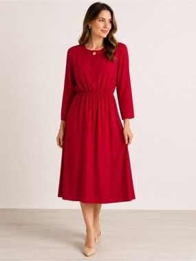 Vintage 80s 90s Braemar Petites Red Long Sleeve Midi Dress Size 9/10 Holiday